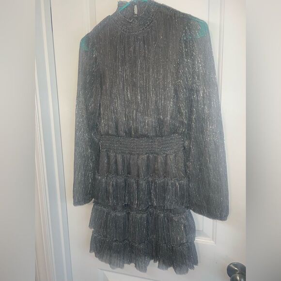1 State Metallic Smocked Dress Mock Neck Tiered Ruffle Dress | small - Picture 1 of 6